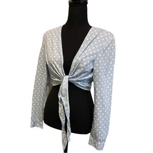 Missguided Long Sleeve baby blue polkadot Front tie crop top | Size 4